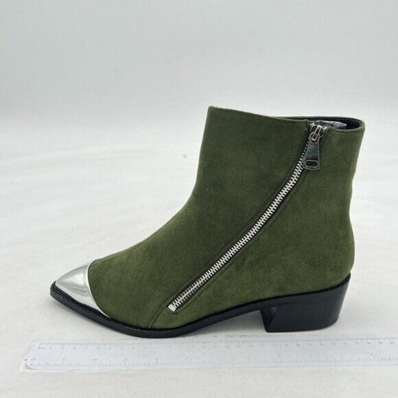 FSJ Women Comfy Western Flat Ankle Boots Low Heel Pointed Toe Side Zipper Bootie - Picture 1 of 7